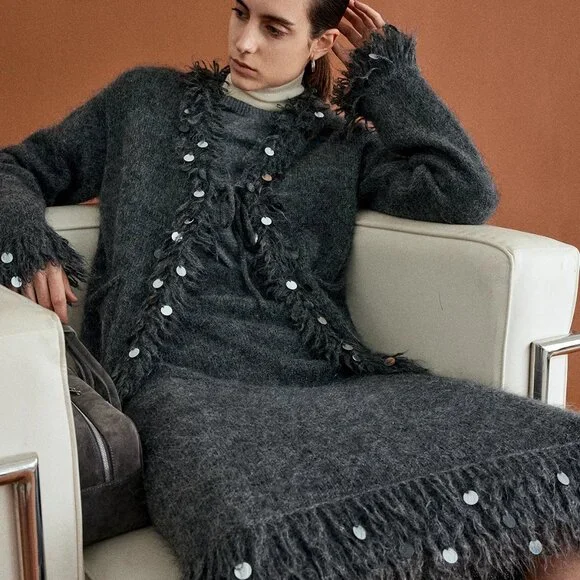 CHICJOC Mohair Wool Yarn cardigan with Hand-made Beaded Sequins - Picture 3 of 10